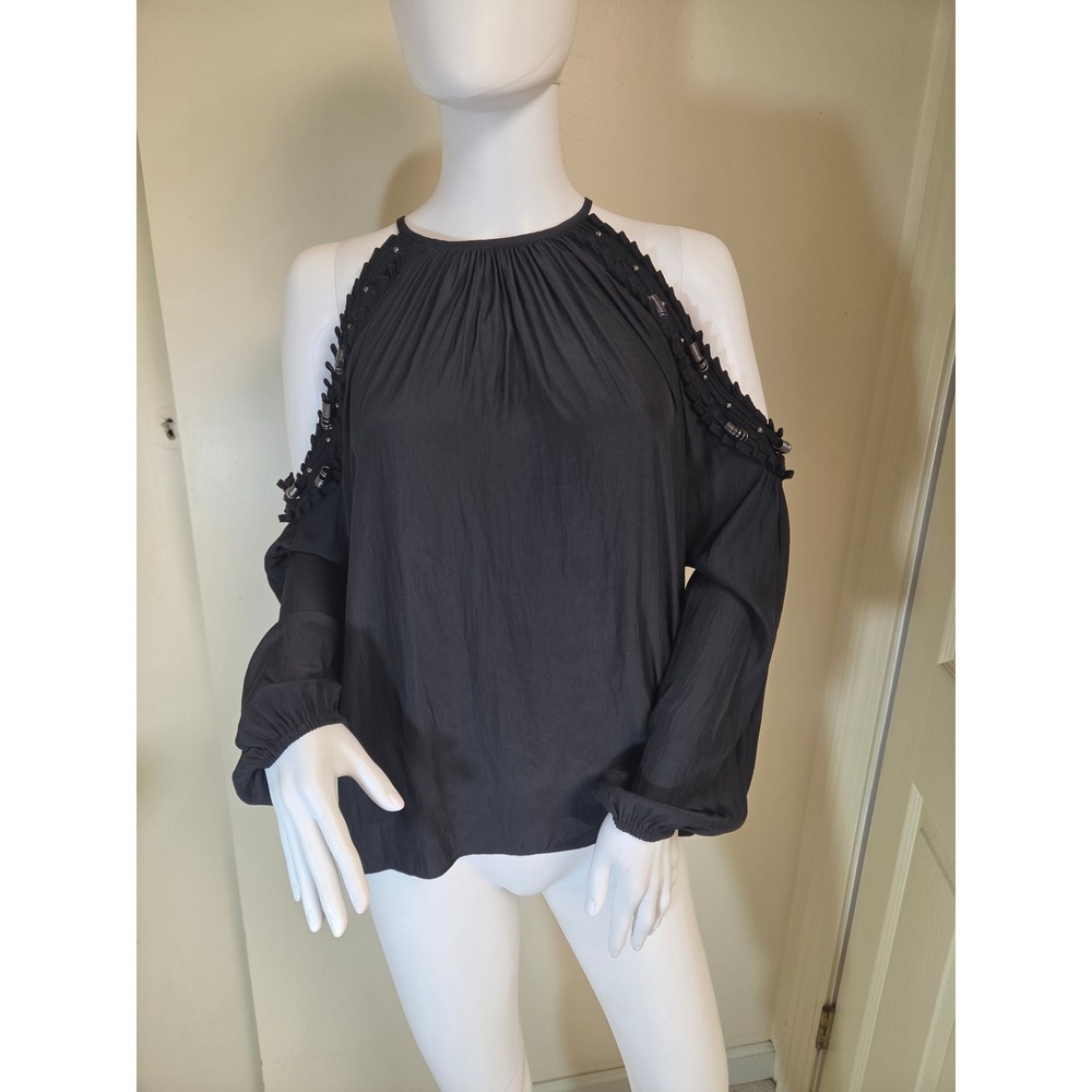 Ramy Brook Anne Black Cold Shoulder Beaded Trim Silk-Look Blouse S A0618200